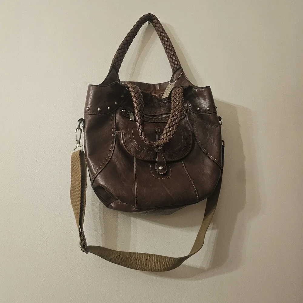 Y2K LEVIS Faux Leather Purse Shoulder Bag Tote Mocha Brown Studs Braided Straps